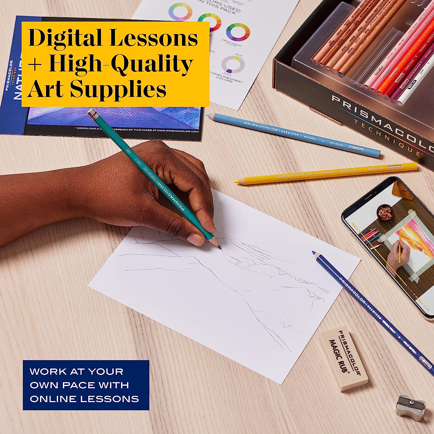 Prismacolor Technique, Art Supplies and Digital Art Lessons, Nature Drawing Set, Level 2, Includes Colored / Watercolor Pencils, Brush Markers, and More, Sunset Landscape Drawing, 27 Ct - Image 2